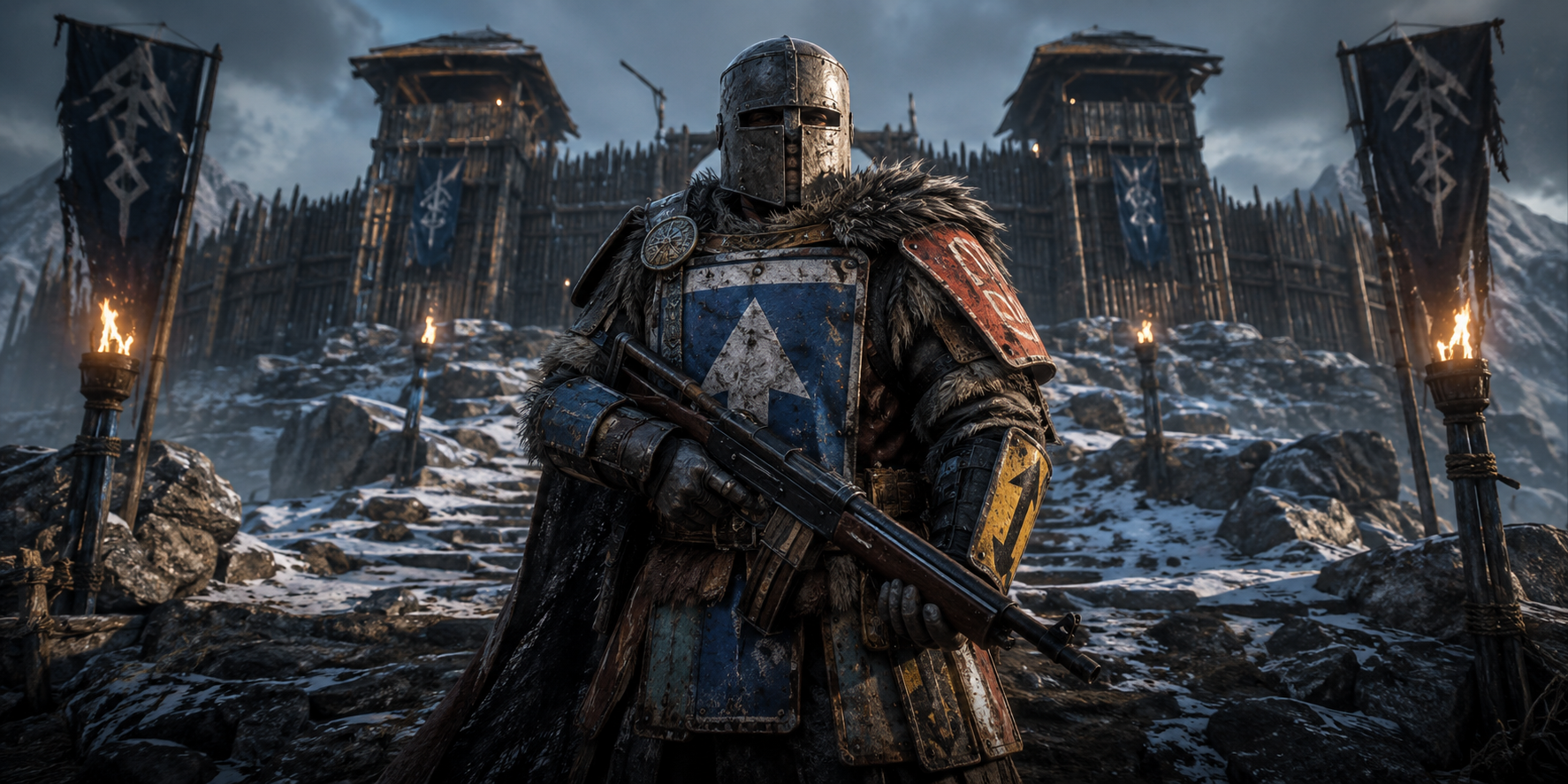 Armoured Jarl standing before a Nordic compound